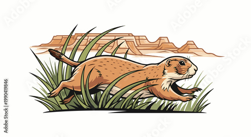 Small rodent dashes through tall grass with desert mesas in the background