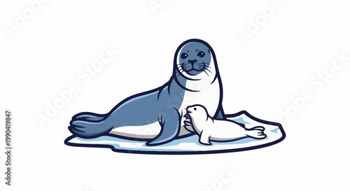 A mother and baby seal rest on a block of ice