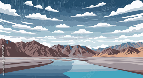 Pixelated mountainous landscape with a river and cloudy sky