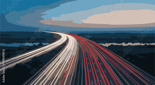 Streaking lights blur on a highway at dusk under a cloudy sky