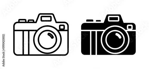 Digital camera icon set with outline and solid glyph styles