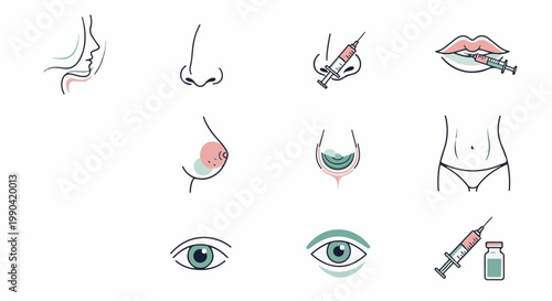 Medical illustrations of cosmetic procedures face, eyes, breasts, and body