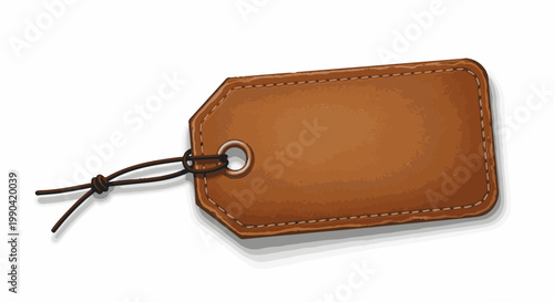 A blank, stitched, brown leather tag with a string tied through its grommet, cast a shadow
