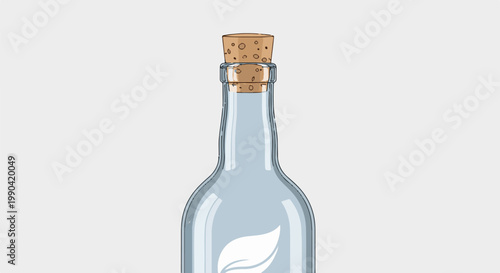 Transparent glass bottle with cork and leaf symbol