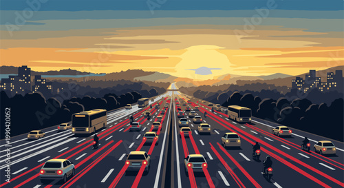Pixelated highway at sunset with heavy traffic and city lights in the background