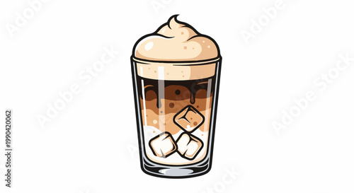 A layered iced coffee drink with whipped cream and ice cubes
