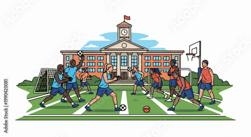 A group of diverse young people plays soccer and basketball on a school field