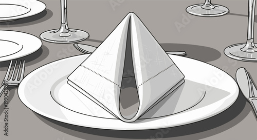 A neatly folded white napkin rests on a white plate, set for a formal meal with silverware and glasses