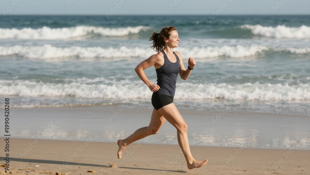 Fototapeta premium Woman Running on a Beach with Waves and Sunny Sky Background