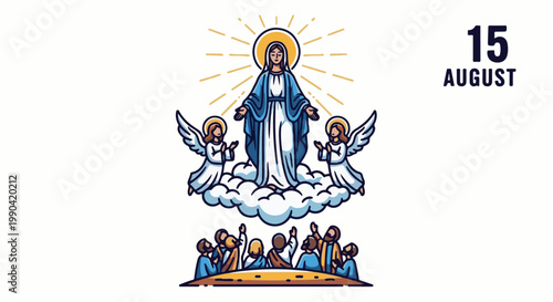Celestial ascension with Virgin Mary, angelic figures, onlookers, and date Aug 15