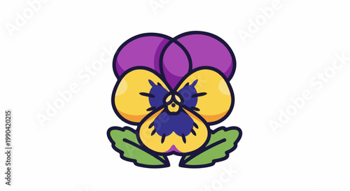 A colorful cartoon pansy with purple, yellow, and blue petals