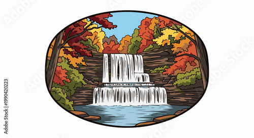 A picturesque cascade flows down rocky tiers surrounded by vibrant autumn foliage