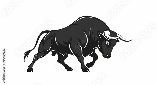 A powerful, dark bull is depicted mid-stride with muscular form, set against a white backdrop
