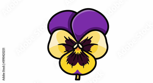 A stylized illustration of a purple and yellow pansy with dark outlines