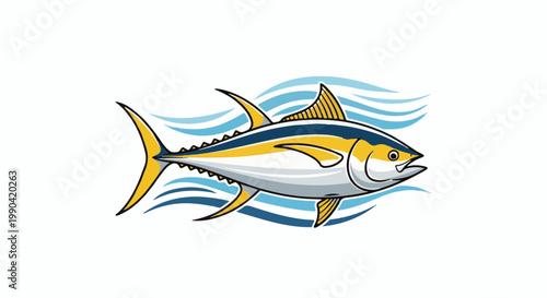 A stylized tuna fish swims through blue waves