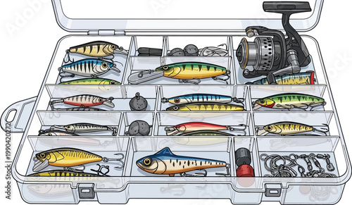 Tacklebox features multiple compartments for organizing various fishing.