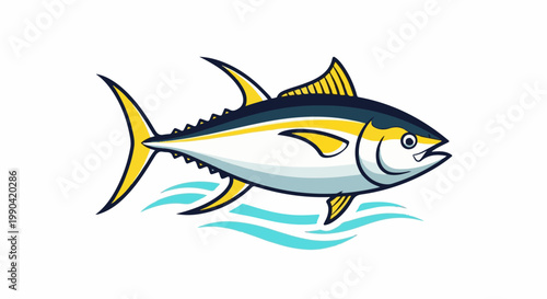 A stylized tuna fish with yellow accents swims through turquoise waves