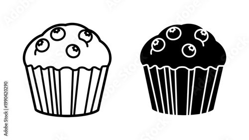 Blueberry Muffin Outline and Silhouette Icon Set