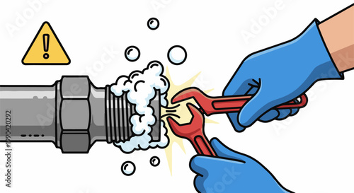 Hands in blue gloves tighten a pipe fitting with wrenches, near soapy bubbles and a warning sign
