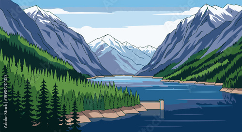 Pixelated mountain valley landscape with a large reservoir and forested slopes