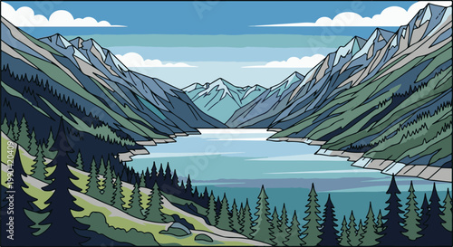Pixelated mountain range framing a calm lake with evergreen trees on the shore