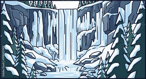Frozen cascade plunges into icy waters amidst snow-laden rocks and evergreen trees