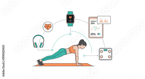 Fitness woman doing plank workout with smart technology tracking