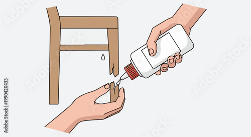 Hands repair a broken wooden furniture leg with a drop of glue