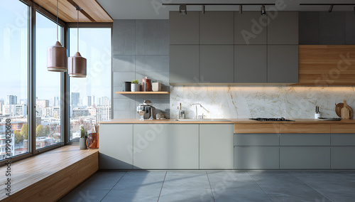 Modern kitchen with sleek gray cabinetry and warm wooden accents, complemented by a large window overlooking a cityscape