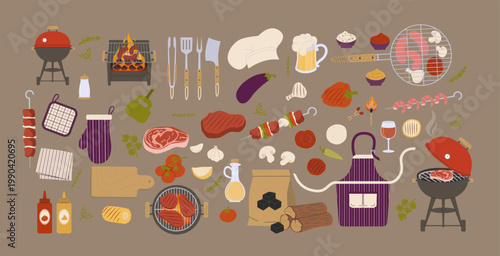 Comprehensive vector set of BBQ elements including charcoal kettle grills metal tools and raw meat. Large collection features striped apron chef hat sauces vegetables and summer drinks like beer and w