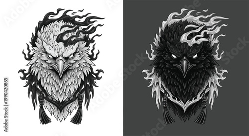 Fierce stylized eagle head illustrations with contrasting black and white flame details, depicting powerful avian art and intense expressions.