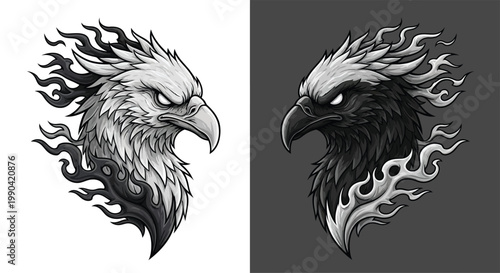 Two stylized eagle heads, one light and one dark, with fiery elements, facing each other in a contrasting black and white design.