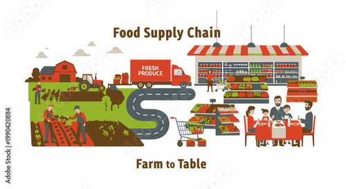 Flat illustration of food supply chain from farm to table