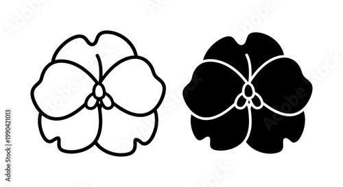 Pansy Flower Outline and Solid Black Silhouette Icons