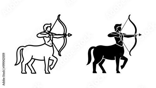 Centaur Archer Silhouette and Line Art Icon Set