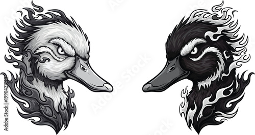Two stylized duck heads, one light with dark flames and one dark with light flames, facing each other in a fierce, contrasting design.