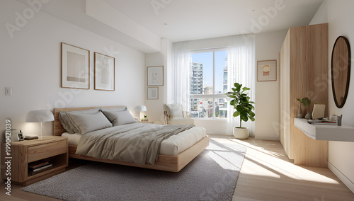 Modern bedroom design with a large window overlooking a cityscape. Features a bed, nightstands, artwork, and a wooden wardrobe