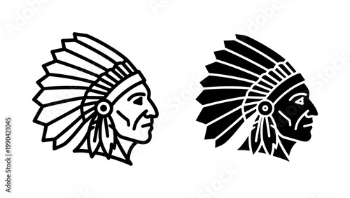 Native American Chief Profile with Feather Headdress Vector