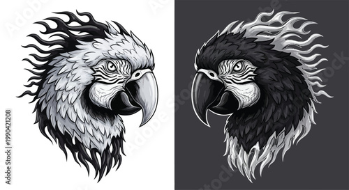 Stylized black and white parrot heads with fiery feathers facing each other, representing duality and contrast.