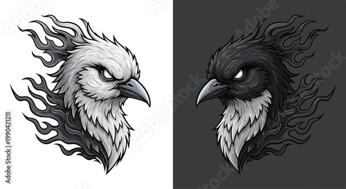Two stylized bird heads, one white with black flames and one black with dark flames, depicting a powerful duality and contrast.