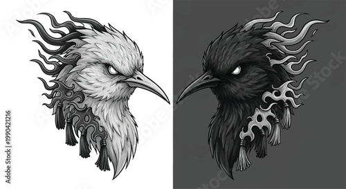 Striking black and white stylized bird heads with fiery plumage, depicting a powerful duality.
