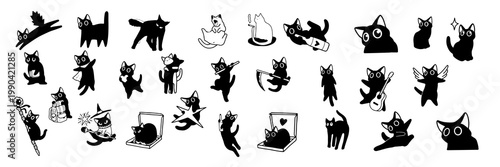 Set of playful cat silhouettes jumping, hunting and playing isolated on white background, domestic feline pet illustration collection for animal design