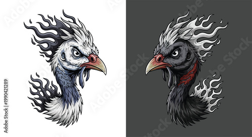 Two stylized bird heads with fiery plumes, one white and one dark, facing right with fierce expressions, showcasing contrasting designs.