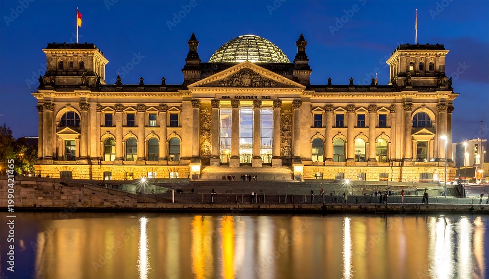 Fototapeta premium Reichstag Building Berlin At Night With Illuminated Facade And Glass Dome Reflected In Spree River