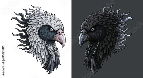 Two stylized fantasy bird heads, one white and one black, with intricate feather details and intense expressions, representing light and shadow.