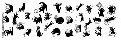cat silhouette set featuring multiple poses sitting standing walking pets collection isolated black white vector illustration design icons graphic