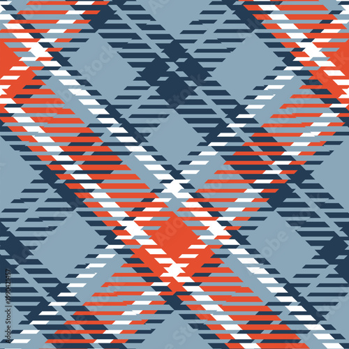 Vibrant plaid pattern with orange, white, and dark blue stripes on gray background