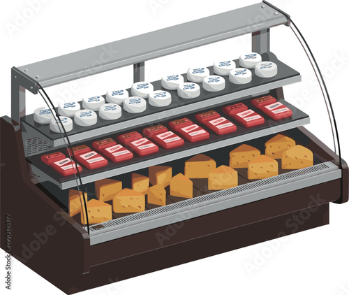Refrigerated display case with dairy products and cheese supermarket showcase equipment illustration