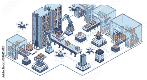 Automated smart warehouse with robotic arms and delivery drones