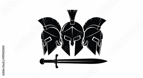 Helm warrior icon with crossed plumes and a central sword silhouette for medieval battle branding featuring knight armor, gladiator, roman soldier
